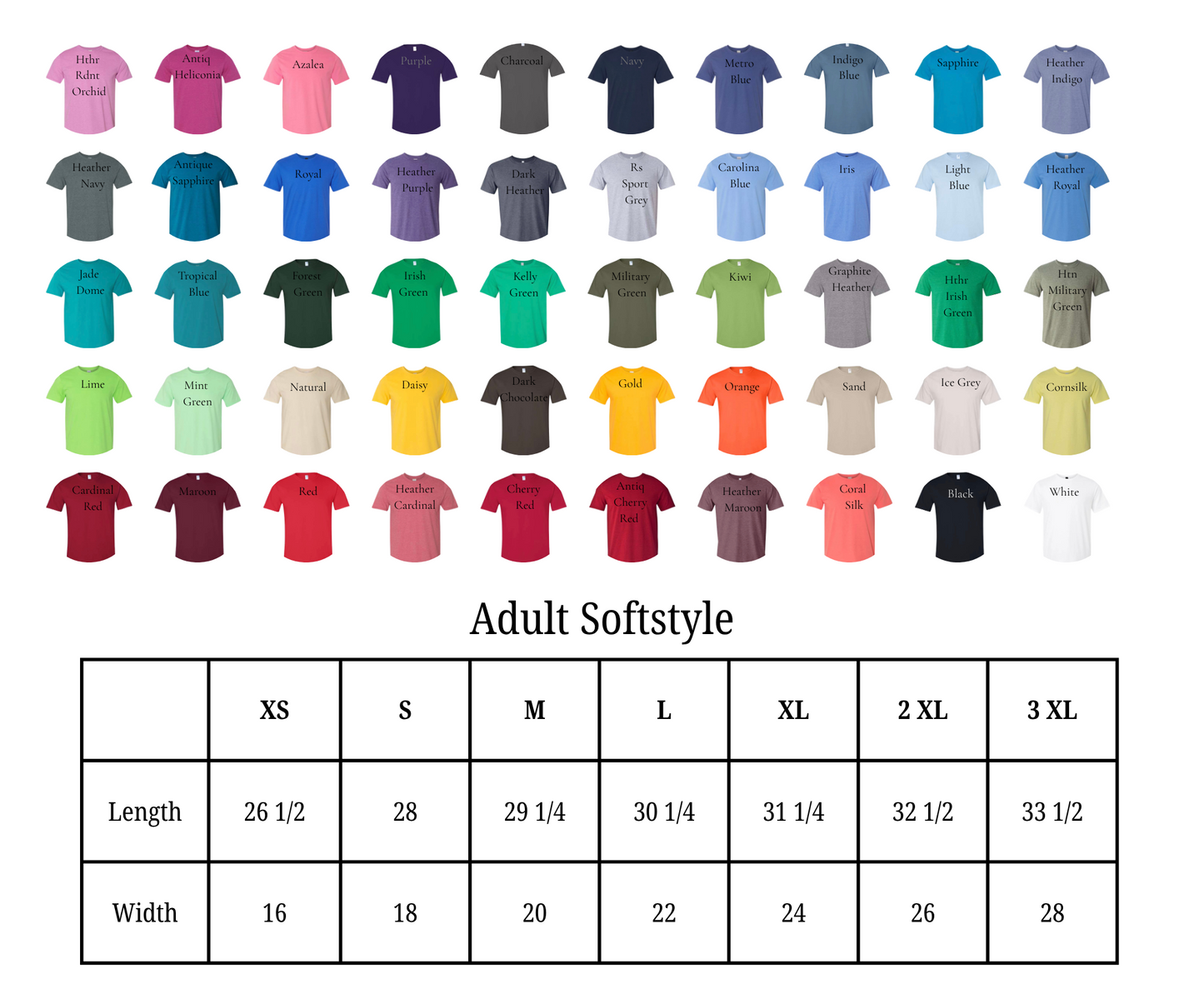 Color chart and size chart for adult softstyle t-shirts on a white background