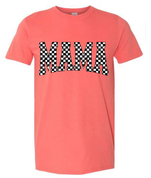 Coral t-shirt with 'MAMA' printed in black and white checkered letters on a white background