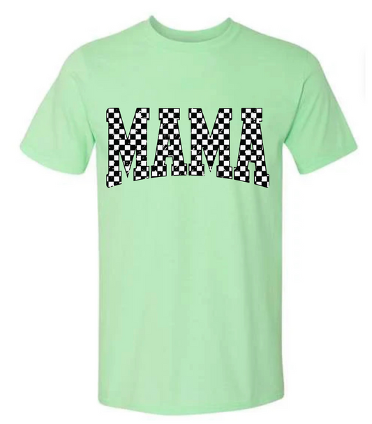 Mint green t-shirt with 'MAMA' printed in black and white checkered pattern on a white background