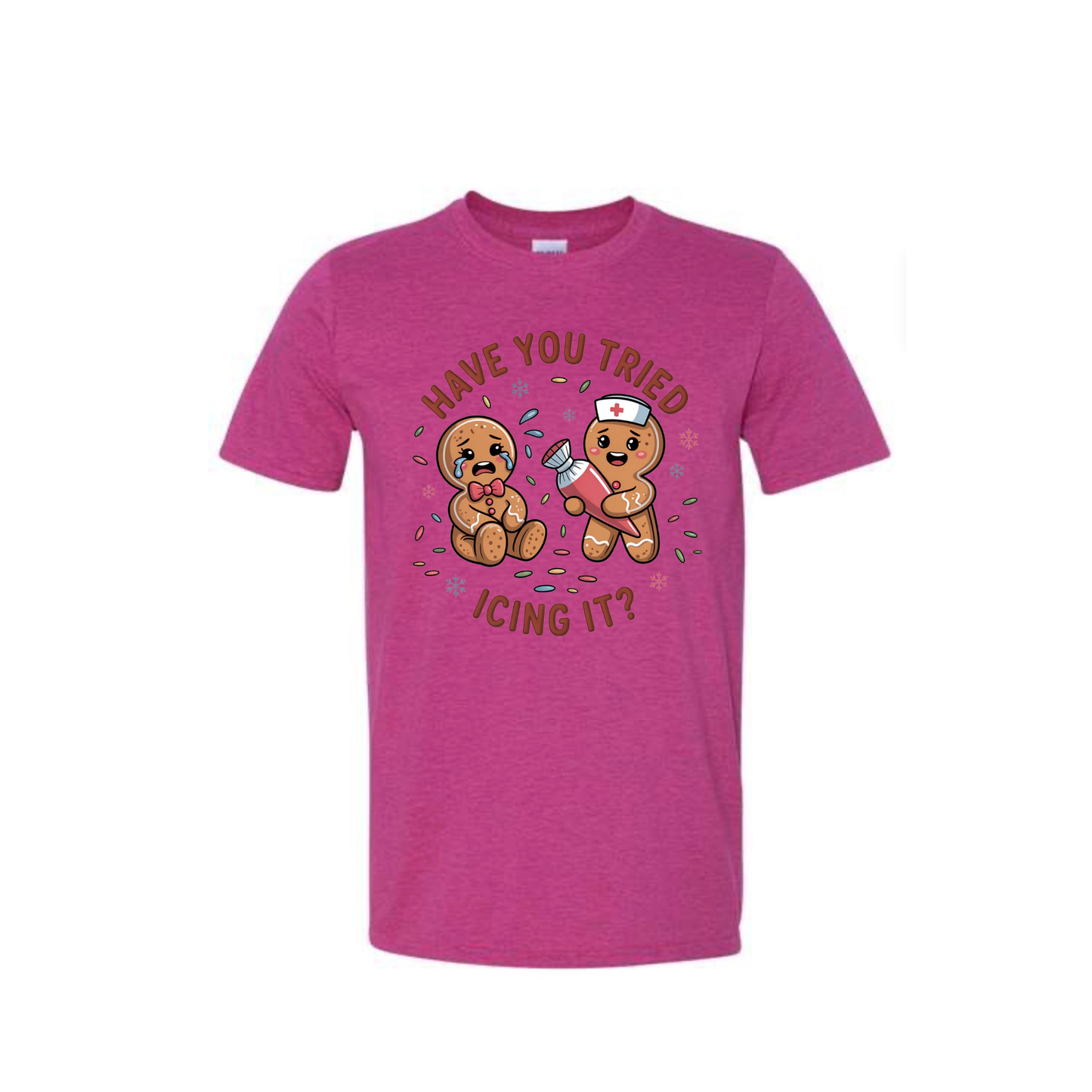 Pink t-shirt with teddy bear graphic and text on a white background