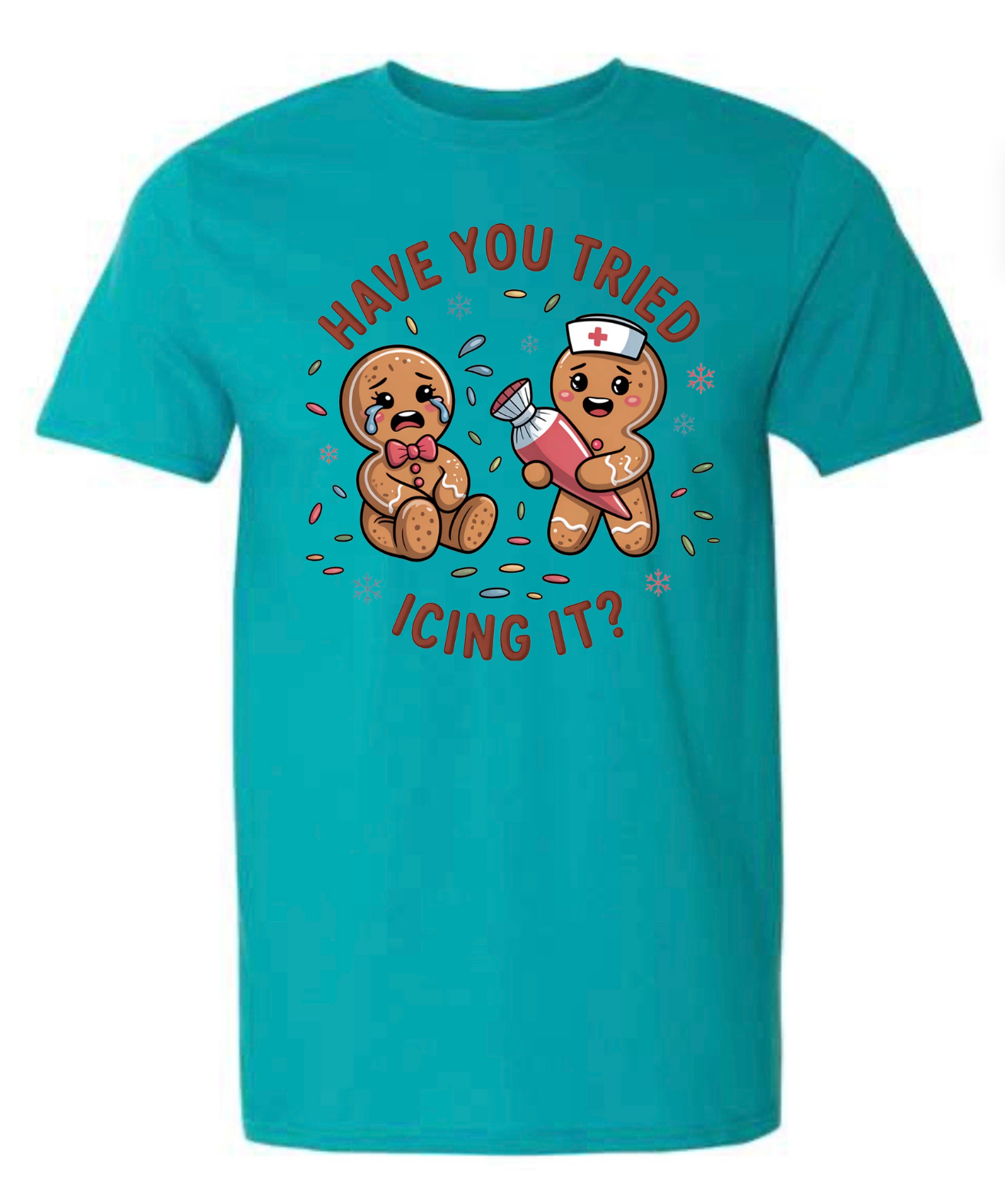 Teal t-shirt with cartoon gingerbread men and text on a white background