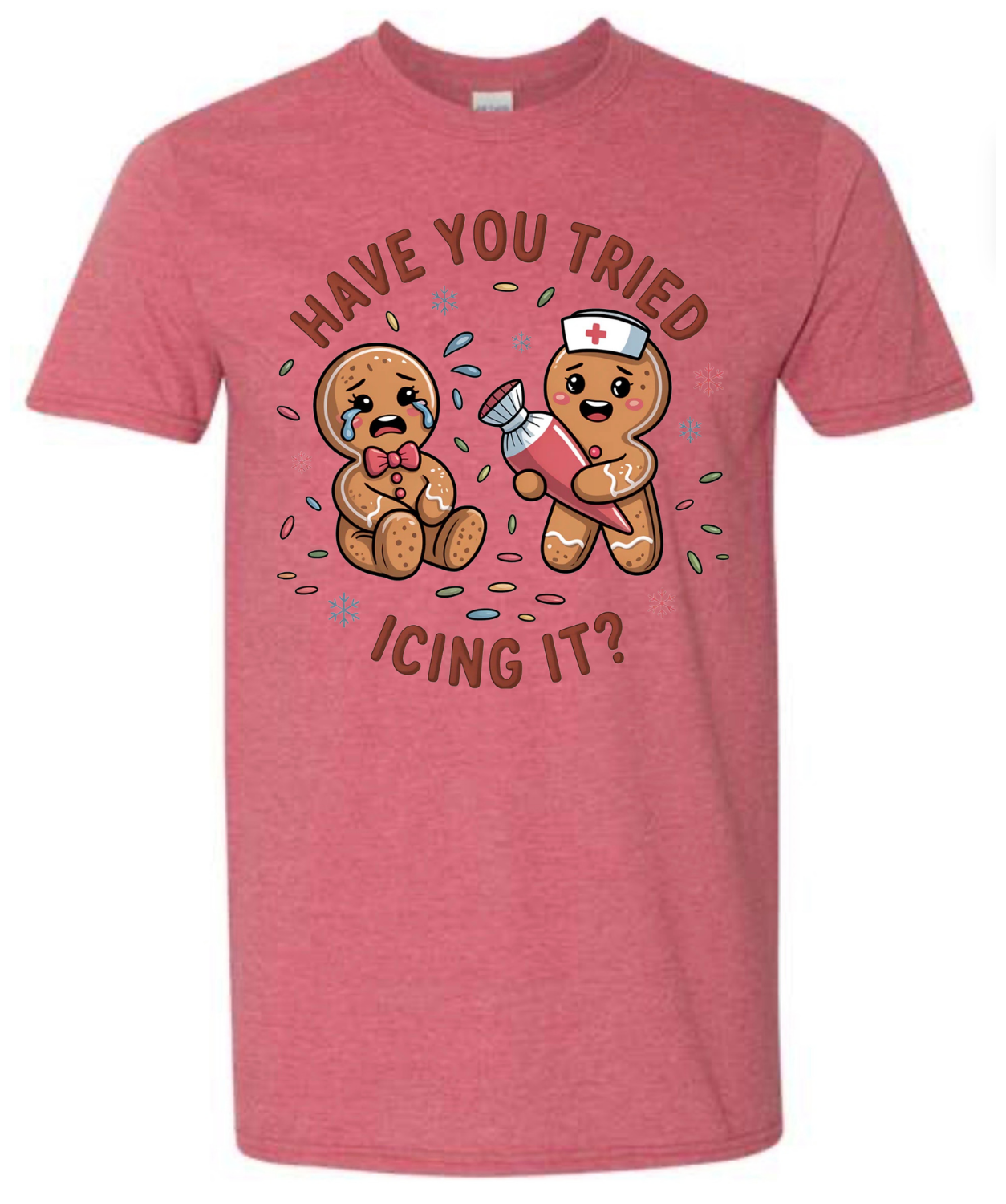 Red t-shirt with cartoon gingerbread men and text on a white background